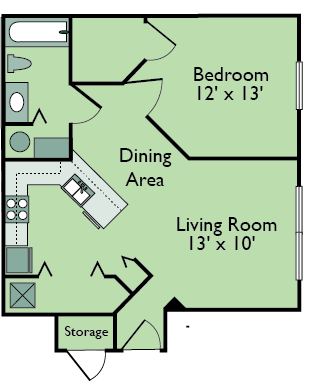 Floor plan for 1 bed, 1 bath, 699 sqft